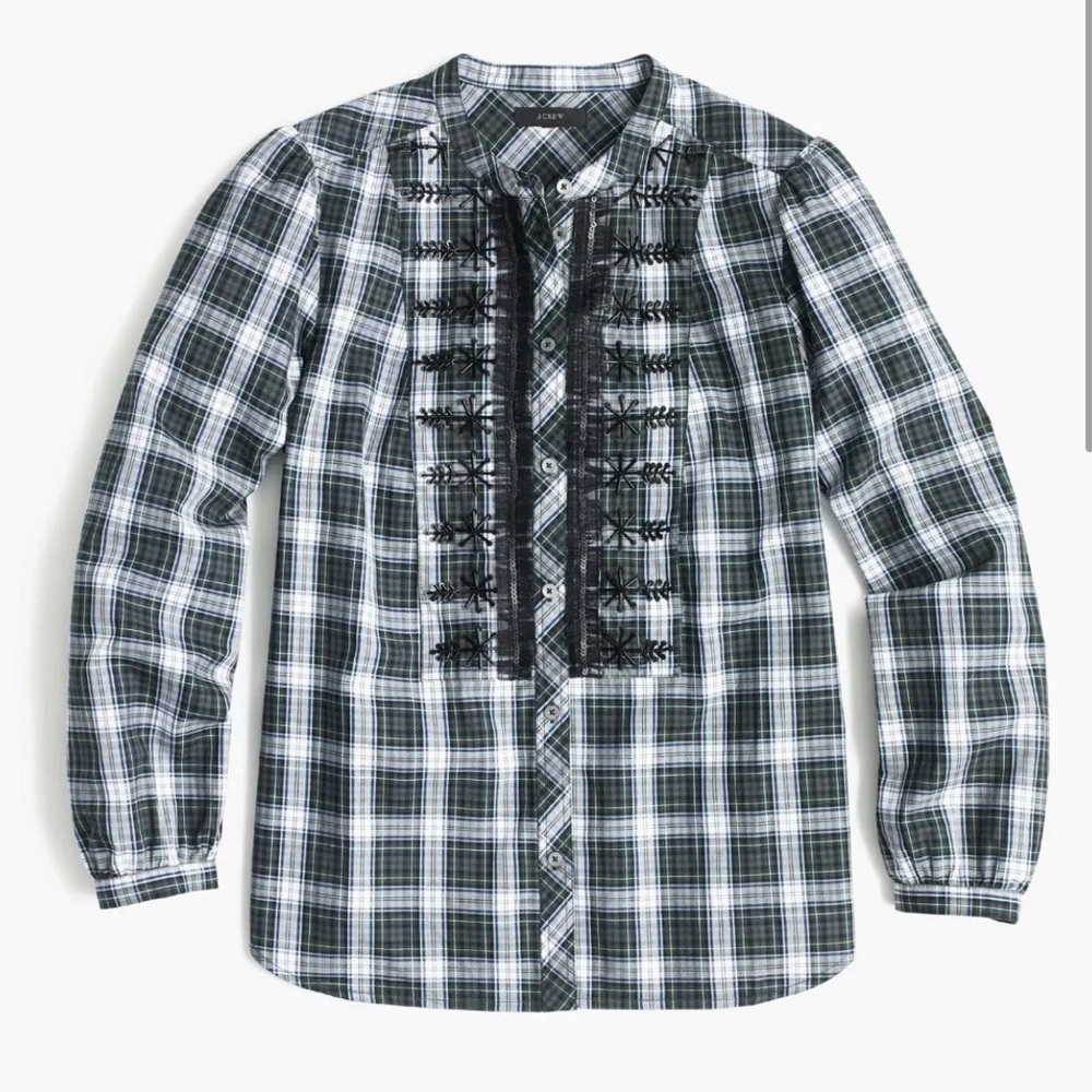J. Crew Plaid Button Down/Tunic with Black Beading/Embellishments